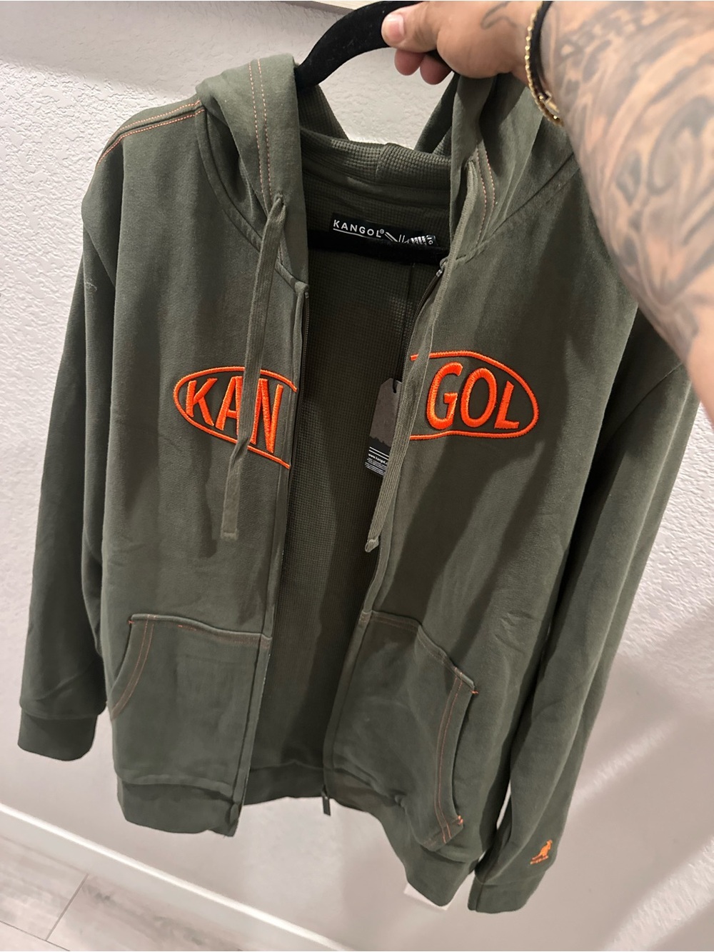 Kangol Olive Green Zip Hoodie with Bright Orange Embroidery